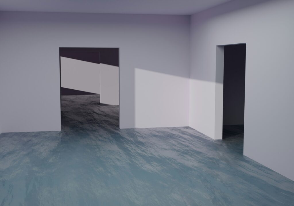 Illustrative interior with a blue-grey decorative floor